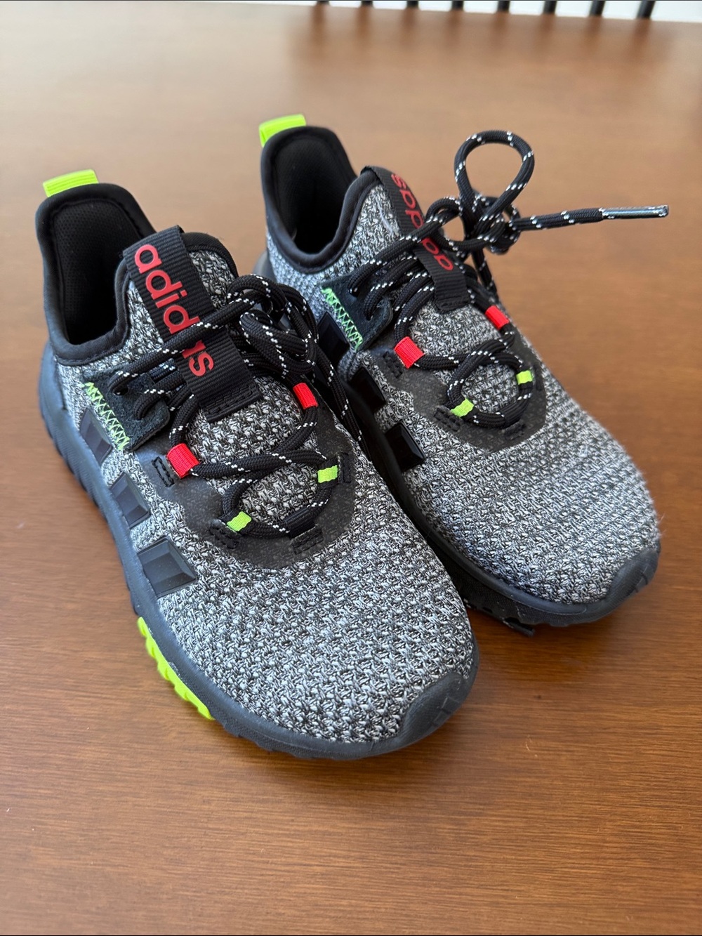 adidas Kids Gray Knit Sneakers with Neon Green & Red Accents